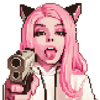 Belle_Delphine pointing a gun at you (sorry this site is not screenreader friendly)